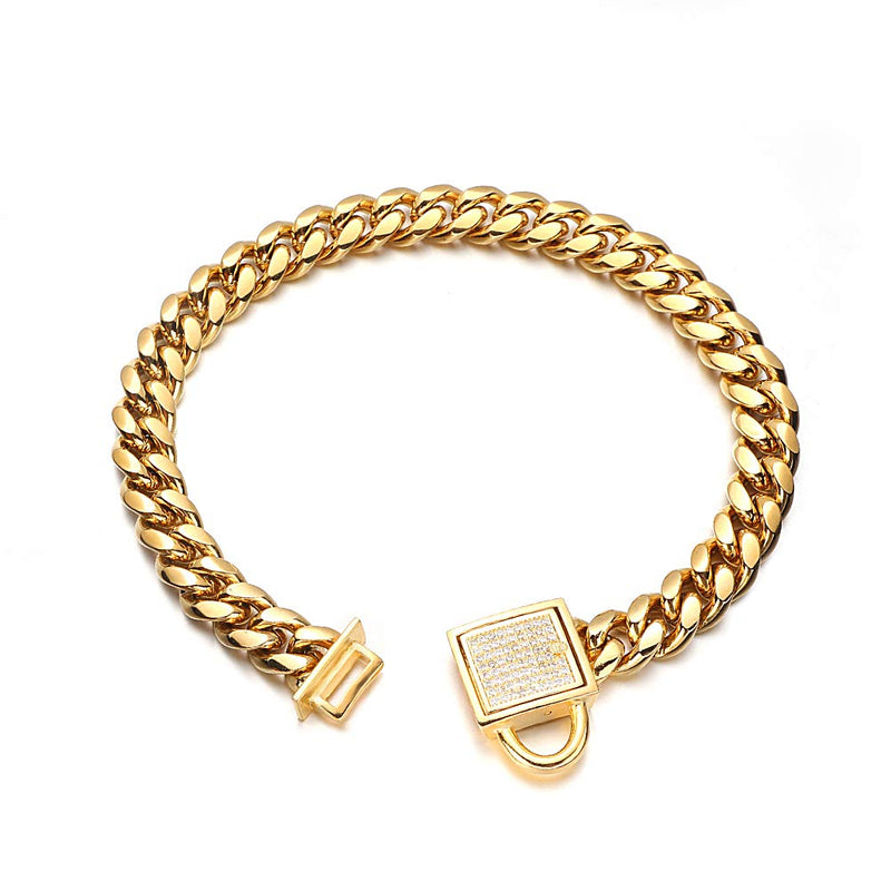Aiyidi Gold Dog Chain Collar 10mm Wide Cuban Link Puppy Collar 316L Stainless Steel with CZ Diamond Lock Bling Collar for Large Medium Small Dogs 8inch (for 6''~7.5''dog's neck) - BeesActive Australia