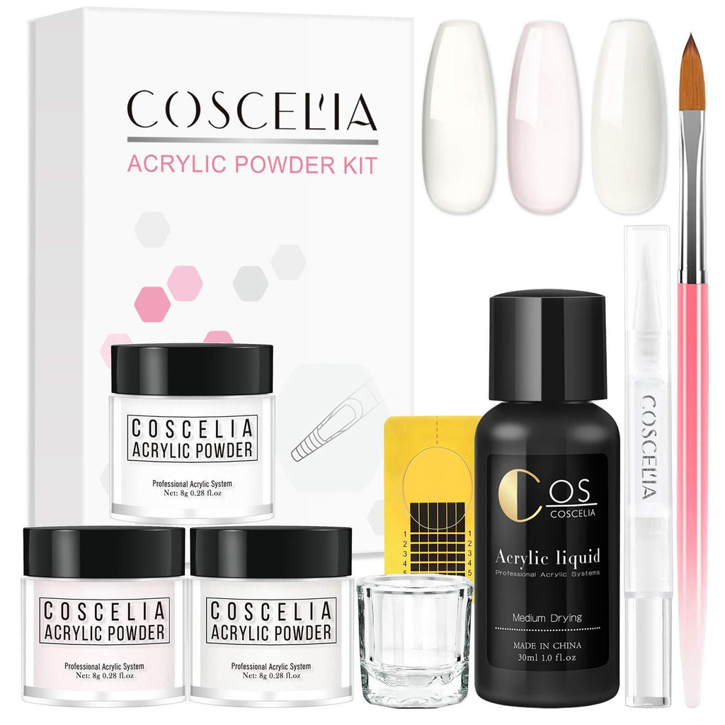 Coscelia Acrylic Nail Kit White Pink Clear Acrylic Powder and Liquid Set Professional Acrylic Brush Nail Forms for Acrylic Nails Extension Starter Kit a - BeesActive Australia
