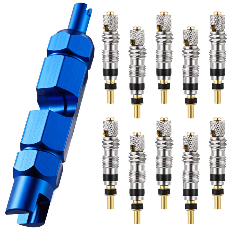 Valve Core Remover Tool Kit Blue Bicycle Valve Core Tightening Tool and 10 Pieces Presta Valve Cores Brass for Bike Bicycle Tire Application - BeesActive Australia