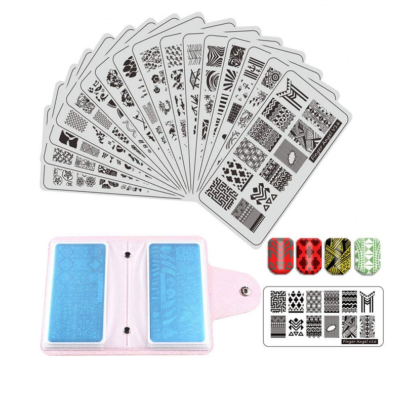 FingerAngel 16Pcs pcs Nail Stamping Kit Stamping Plates Tool Leaves Flowers Animal Image Stamp Templates Stamping Kit Nail Stamper Set with 2 Stamper + 2 Scraper + 1 Storage Bag V1-16 - BeesActive Australia