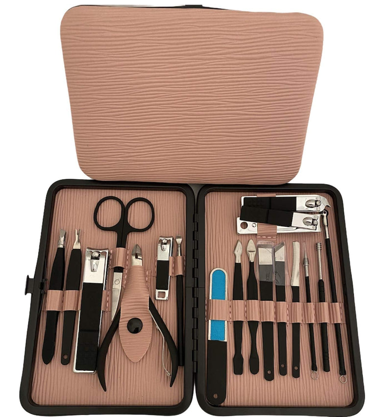 Professional Manicure Set, Pedicure Kit, Nail Clippers, 18pcs Stainless Steel Grooming Kit, Facial Treatment Nail Scissors Grooming Kit with Black Leather Travel Case (PINK) - BeesActive Australia