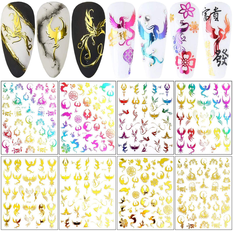 3D Nail Art Stickers Gold Nail Art Decoration Self-Adhesive Nail Decals Fashion Phoenix Nail Stickers Nail Art Supplies Color Laser Design Nail Sticker for Acrylic Nails Decor (8 Sheets) - BeesActive Australia