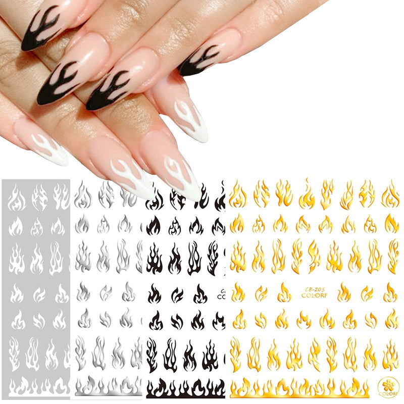 4 Sheets Flame Nail Art Stickers 3D Fire Flame Nail Decals Nail Art Supplies Adhesive Nail Foils White Black Silver Gold Flame Nail Sticker for Acrylic Nails Design Nail Vinyls Stencil Accessories - BeesActive Australia