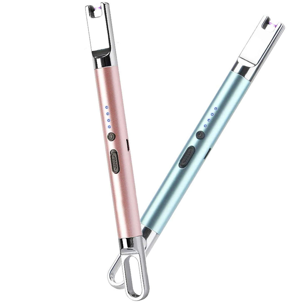 Candle Lighter, 2 Pack Electric Rechargeable USB Lighter Long Plasma Lighter, Battery Display Safety Switch Arc Lighter for Camping Candle BBQ Cooking Grill, Hanging Hook (Blue and Rose Gold) - BeesActive Australia
