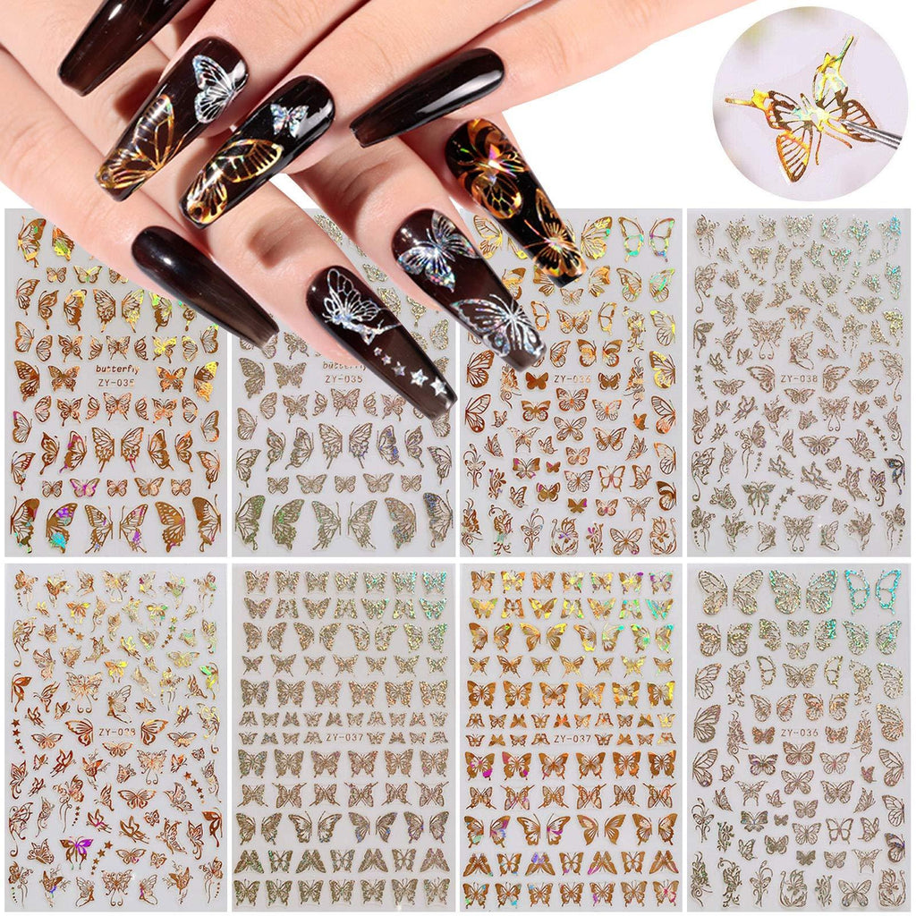 Butterfly Nail Art Stickers Decals 3D Butterfly Nail Art Adhesive Sticker Nail Art Supplies Laser Gold and Silver Butterfly Shapes Nail Art Decoration DIY Butterfly Stickers for Nails (8 Sheets) - BeesActive Australia