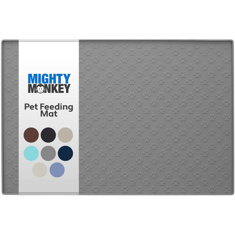 MIGHTY MONKEY Silicone Pet Feeding Mat, Waterproof Placemat for Dog and Cat Bowls, Raised Edges, Prevent Water Spills and Food Messes on Floor, Paw Print Tray Mats, Dishwasher Safe 18x12 Inch (Pack of 1) Gray - BeesActive Australia