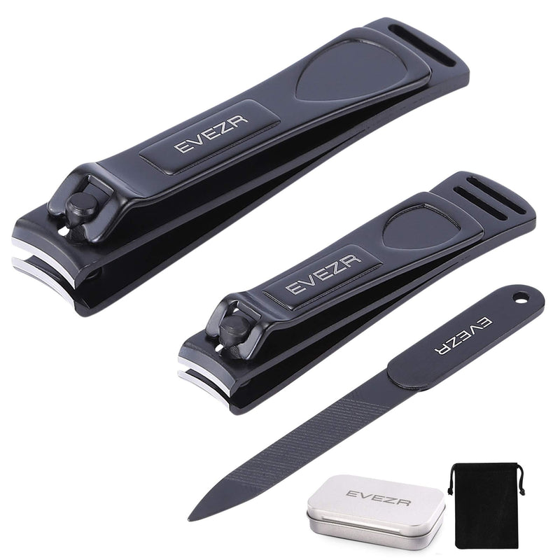 EVEZR Nail Clippers Heavy Duty 3Pcs Black Stainless Steel Manicure Pedicure Nail Tool For Fingernails & Toenails Include 2 Sharp Nail Clipper, 1 Nail File, Drawstring Bag, Metal Box. - BeesActive Australia