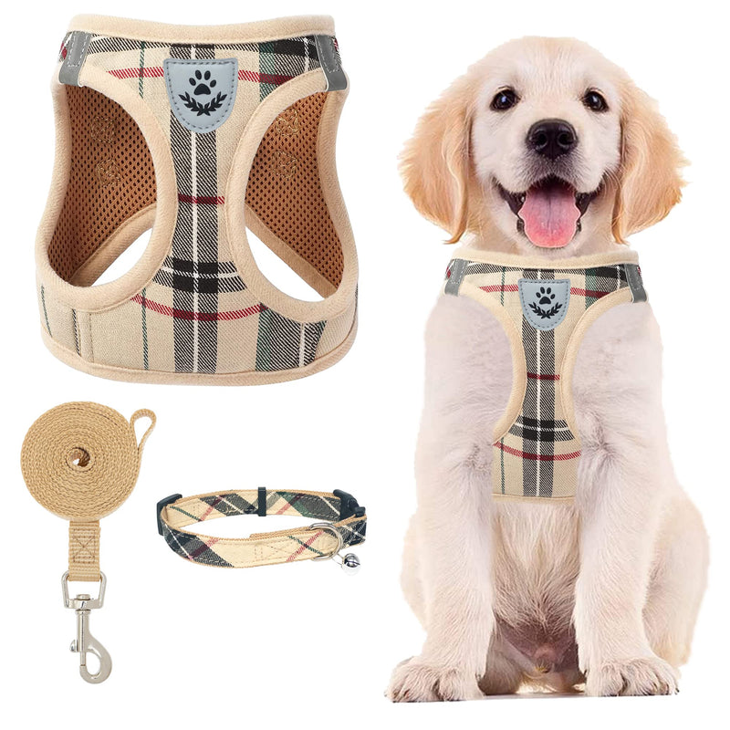 PUPTECK Adjustable Pet Harness Collar and Leash Set for Small Dogs Puppy and Cats Outdoor Training and Running, Soft Mesh Padded Reflective Vest Harness S: Chest girth: 14.5-17in Collar: 9-11.5in Beige - BeesActive Australia