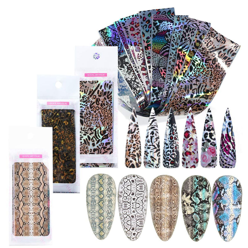 Designer Nail Foil Transfers,30 Strips Snake Print & Leopard Pattern Laser Starry Sky Nail Art Sticker Decals for Women Girls Decoration Manicure Nail Design Kit(30 PCS/3 Bags) snake & leopard - BeesActive Australia