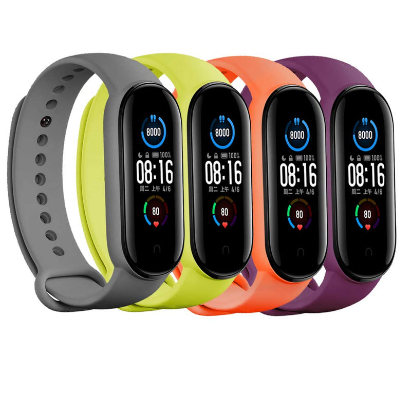 (4/5/8 PACK) Xiaomi Mi 5 & Mi 6 Strap/Amazfit Band 5 Replacement Bands for Mi Band 5 & Mi 6 SmartWatch Bands & Amazfit Band 5, Skin-Friendly Soft & Flexible Silicone Straps for Male and Female Gray/Lemon Green/Orange/Purple - BeesActive Australia