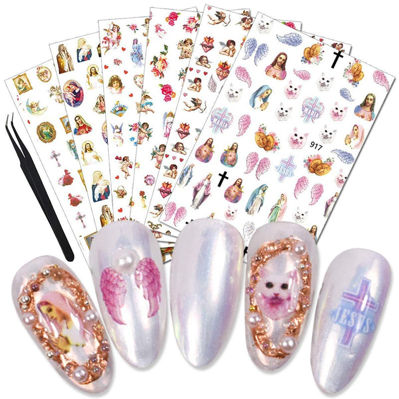 WOKOTO 6 Sheets Adhesive Nail Art Stickers Tips Jesus Angel Wings Flower Cupid Design 3d Nail Decals Decoration Manicure Accessories For Women KIT1 - BeesActive Australia