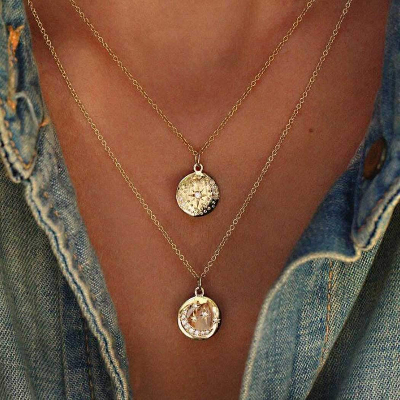 Sakytal Boho Coin Layered Necklace Gold Moon Pendant Necklaces Tiny Crystal Necklace for Women and Girls - BeesActive Australia