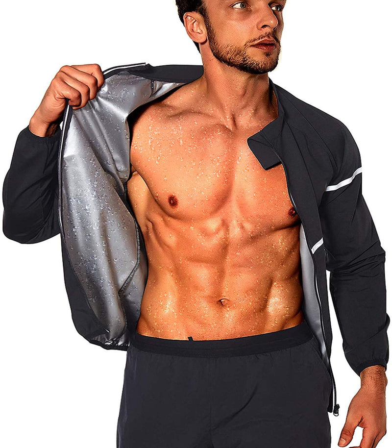NINGMI Sauna Suit for Men Zipper Gym Sauna Sweat Suits Men Slimming Fitness Long Sleeve Workout Sauna Shirt Black Small - BeesActive Australia