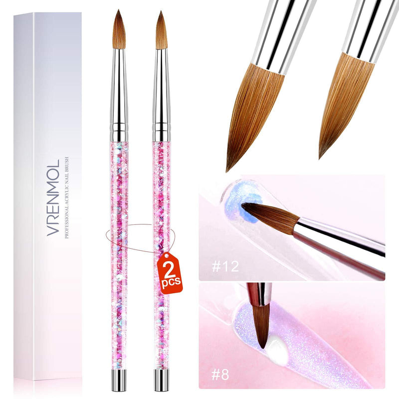 Vrenmol 2pcs Acrylic Nail Brush Set for Acrylic Powder Monomer Application Sable Round Nail Art Brush for Acrylic Nails Extension Carving with Liquid Glitter Handle (#Size 8 & #Size 12) - BeesActive Australia