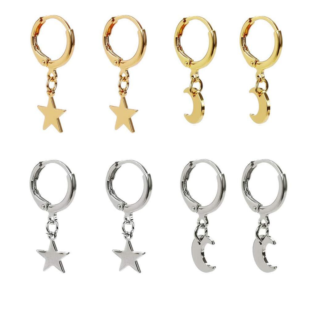Women Girls Small hoop drop earrings star moon Pearl Triangle feather dangle earrings 4 pr silver gold star moon - BeesActive Australia