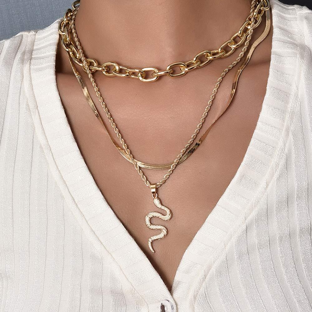 Chargances Snake Pendant Necklace for Women and Girls Gold Multi Layer Jewelry Snake Bone Chain Chunky Chain Choker - BeesActive Australia