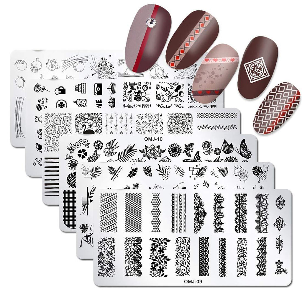 SILPECWEE 6Pcs Nail Art Stamping Plate Set Lace Geometry Nail Template Image Plate Manicure Accessories Nail Salon Tools No2 - BeesActive Australia