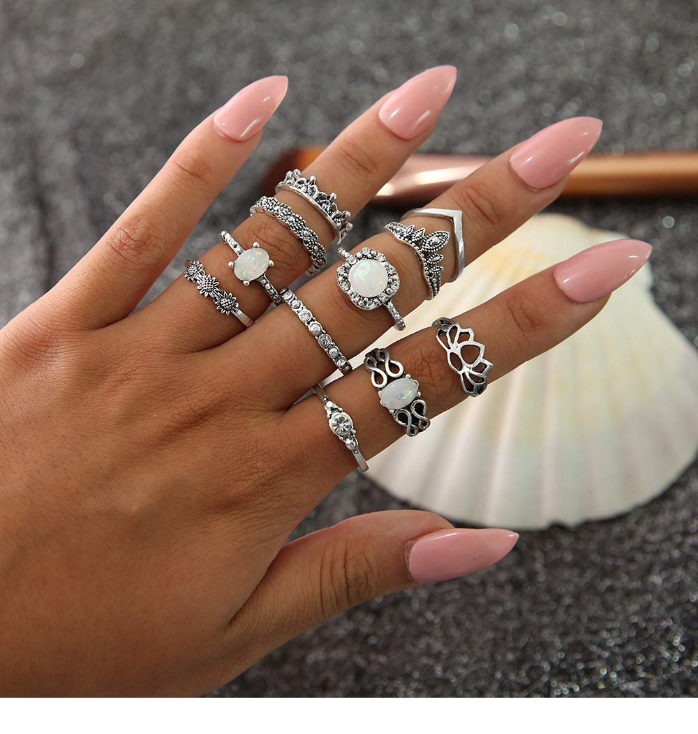 Sither Women 11 Pcs Rings Pack Boho Rings Set Silver Knuckle Rings Vintage Crystal Rings Joint Knot Ring Sets for Teens Party Fesvital Jewelry Gift - BeesActive Australia