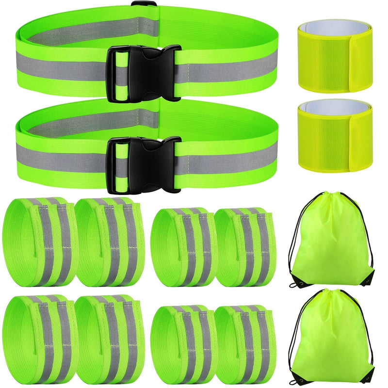 12 Pieces High Visibility Reflective Band with 2 Pieces Storage Bag, Reflective Band for Wrist, Arm, Ankle, Reflective Waist Belt Safety Reflective Gear for Night Walking Running Green - BeesActive Australia