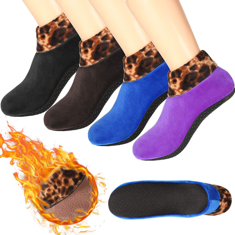 4 Pairs Non-Slip Thermal Socks Fleece Lady Floor Socks Leopard Printed Black, Blue, Purple, Coffee - BeesActive Australia