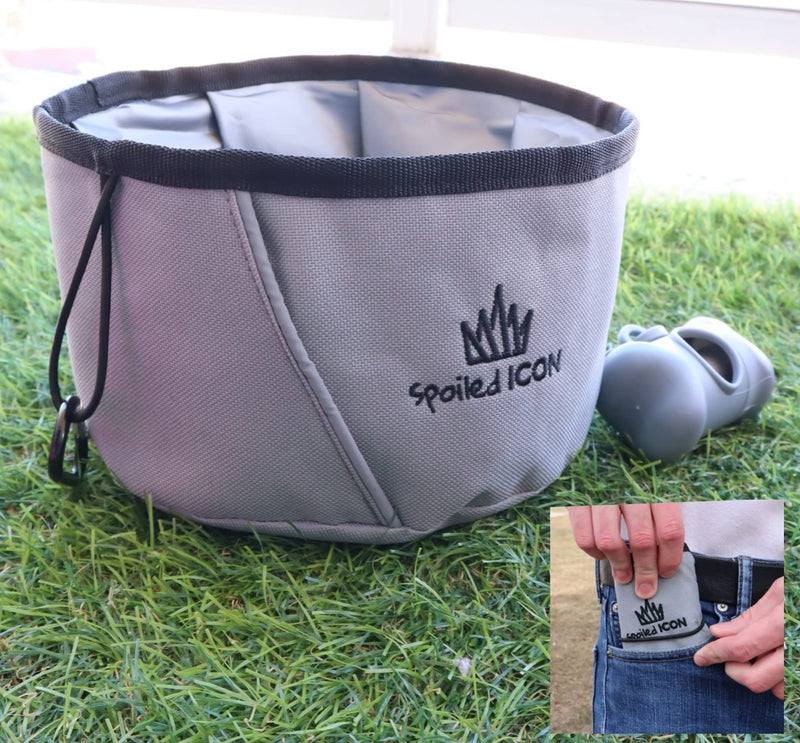 Spoiled Icon Collapsible Dog Water/Food Bowl. Super Compact Foldable, Portable, Premium Quality, Super Sturdy Travel Pet Bowl. 100% Waterproof 24/7 Guaranteed! Plus Gift Celebrity Silver - BeesActive Australia