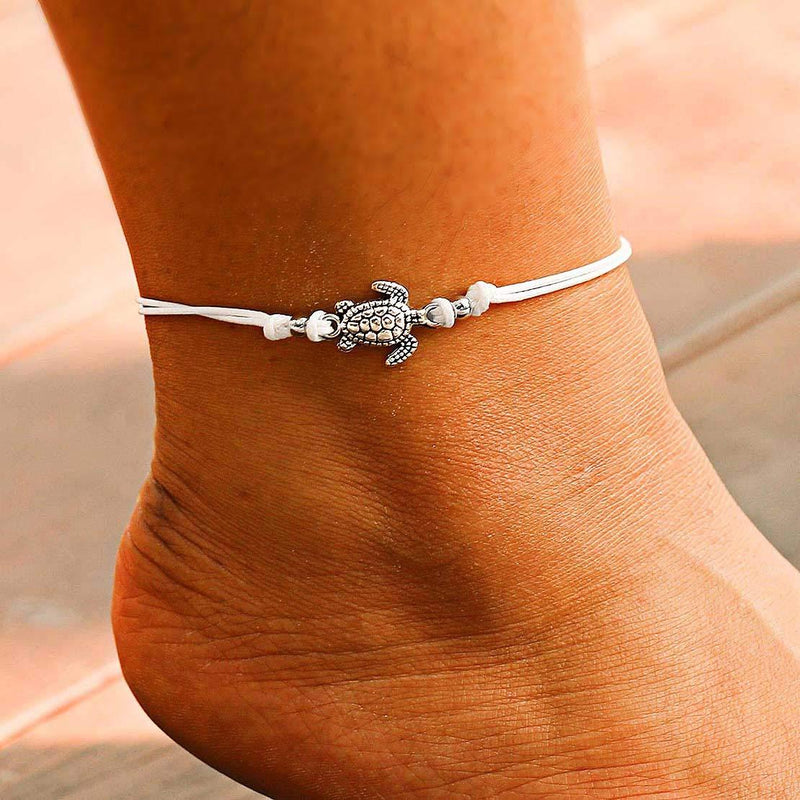 Yemruode Silver Sea Turtle Anklet , Beach Party Gift for Women and Girls （Available in Three Colors） (White rope) White rope - BeesActive Australia
