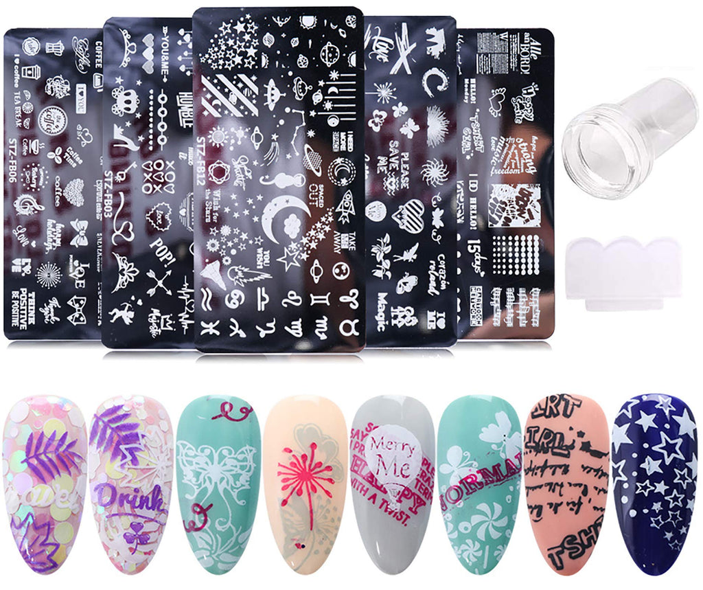 Nail Stamper Set 5PCS Nail Stamping Plates + 1 Stamper + 1 Scraper Lace Word Letter Love Heart Cupid Eros Butterfly Leaf Stars Moon Spaceship Pattern Nail Design Kit Nail Supplies DIY Decoration Tool - BeesActive Australia