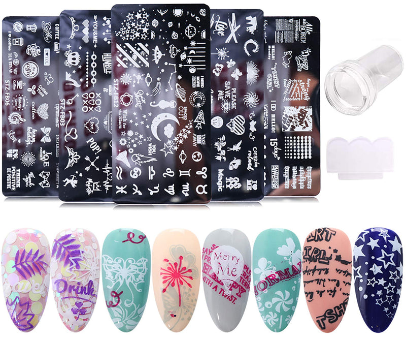 Nail Stamper Set 5PCS Nail Stamping Plates + 1 Stamper + 1 Scraper Lace Word Letter Love Heart Cupid Eros Butterfly Leaf Stars Moon Spaceship Pattern Nail Design Kit Nail Supplies DIY Decoration Tool - BeesActive Australia