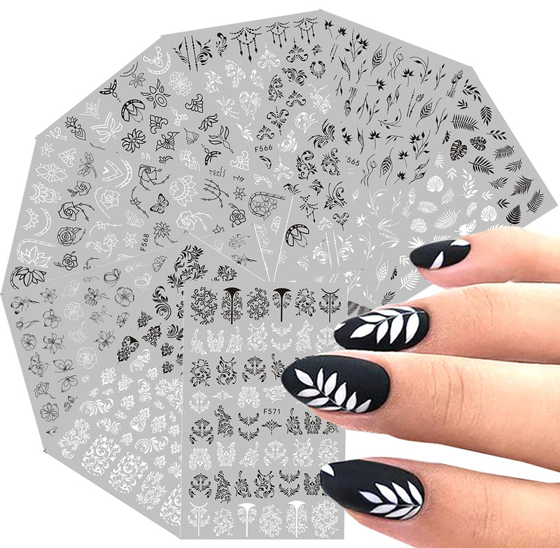 8 Sheets Leaves Flowers Nail Stickers Decals,3D Self-Adhesive Black White Retro Vintage Vine Rose Flower Butterflies Nail Design For Acrylic Nail Supplies,Fashion Simple DIY Nail Decoration Tools - BeesActive Australia