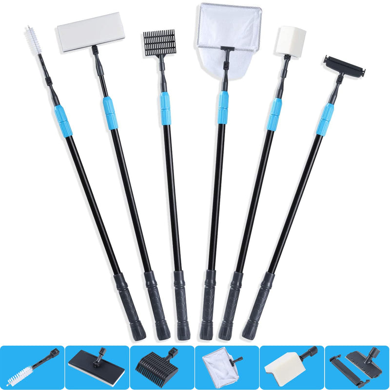 AquaMiracle 6 in 1 Aquarium Cleaning Tool Kit Fish Tank Cleaning Kit for 20-160 Gallon Tank with Telescopic Long Handle, Algae Scraper, Scrubber Pads, Tube Cleaner, Fish net, Gravel Rake - BeesActive Australia