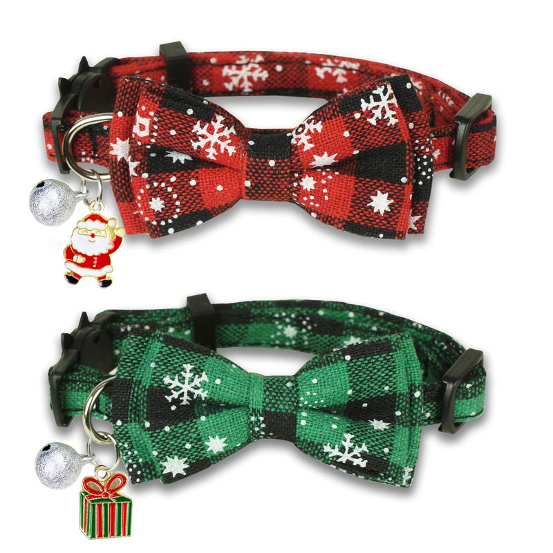 Pohshido 2 Pack Christmas Cat Collar with Bow Tie and Bell, Xmas Holiday Breakaway Buckle Safety Kitty Kitten Collar(Adjustable Size from 7.8-12.8 inch) Buffalo Snowflake - BeesActive Australia