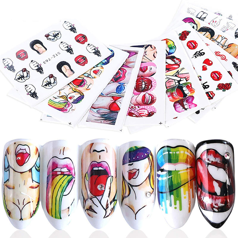 9 Sheets Fashion Nail Art Stickers Decals for Women Water Transfer Colorful Cool Girl Sexy Lady Lips Rose Designs For Women Girls Charms Nail Decorations Beauty Accessories - BeesActive Australia