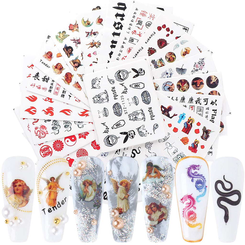 24 Sheets Fashion Nail Art Stickers Decals Cupid Eros Valentine's Day Dragon Snake Flame Chinese characters Pattern Mixed Chinese Style Nail Supplies Design Water Transfer Charms Nail Decorations - BeesActive Australia