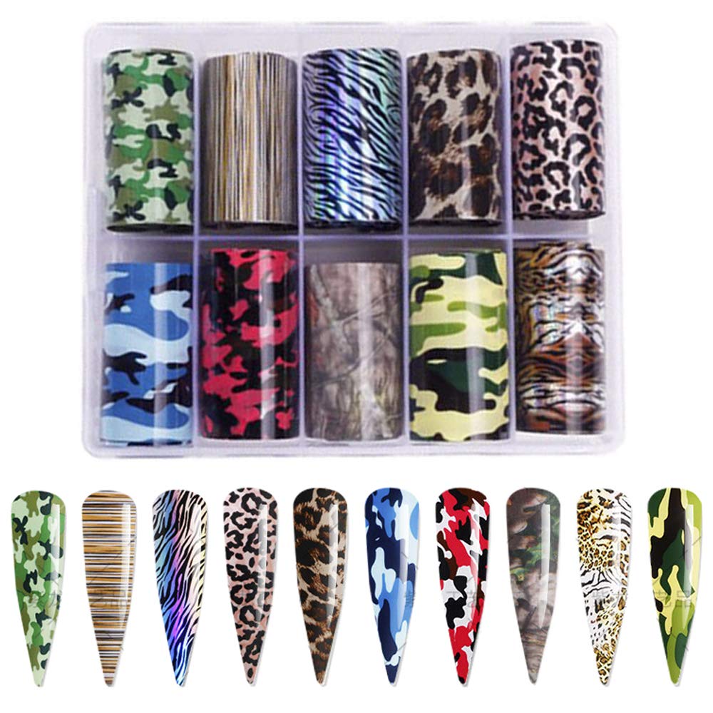 Nail Art Foil Transfer Stickers, Camouflage and Leopard Print Design Nail Foil Adhesive Decals, Christmas Decals Foil Stickers Set Nail Tips Manicure Women and Girls Nail Art DIY (10 Rolls Mix Styles) - BeesActive Australia