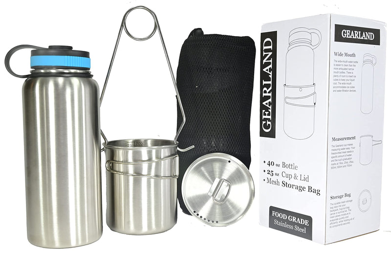 Gearland Canteen Stainless Steel Water Bottle with Nested Camping Cup and Lid for Bug Out Bag, Bushcraft Gear, Metal Canteen with a Wide Mouth Water Bottle and Mess Kit - BeesActive Australia