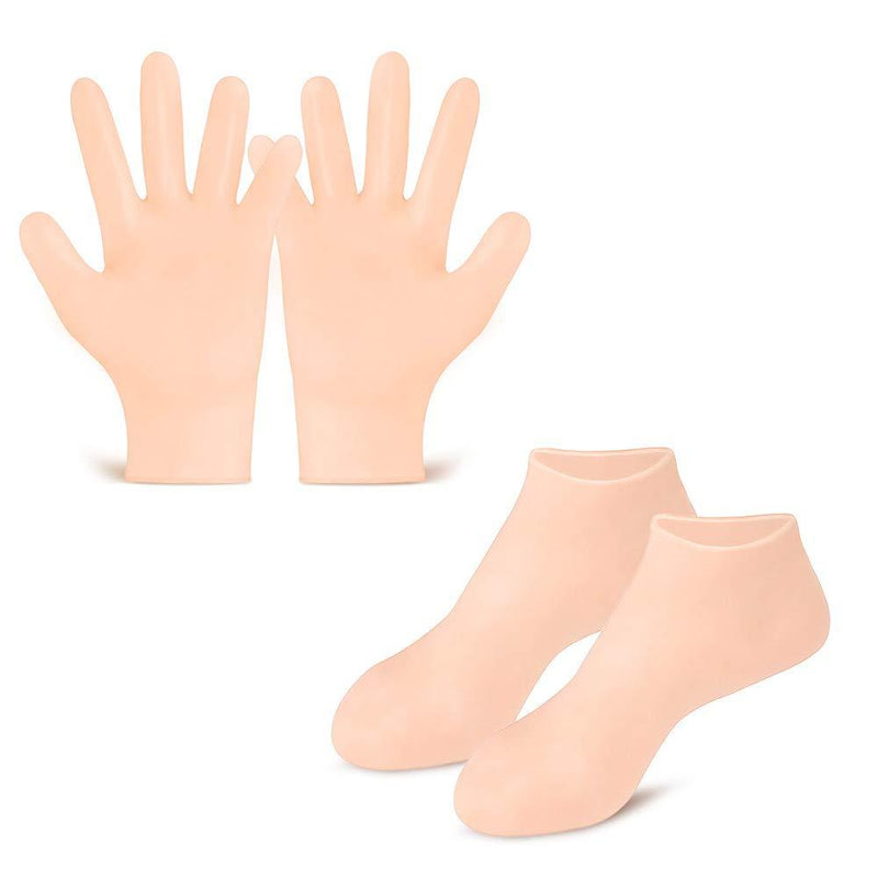 Moisturizing Gloves&Socks, Silicone Gel Gloves for Dry Skin, Cracked Hands and Foot, Full Finger Waterproof Gloves for Hands Foot Care SPA (Beige, Gloves+Socks) Beige - BeesActive Australia