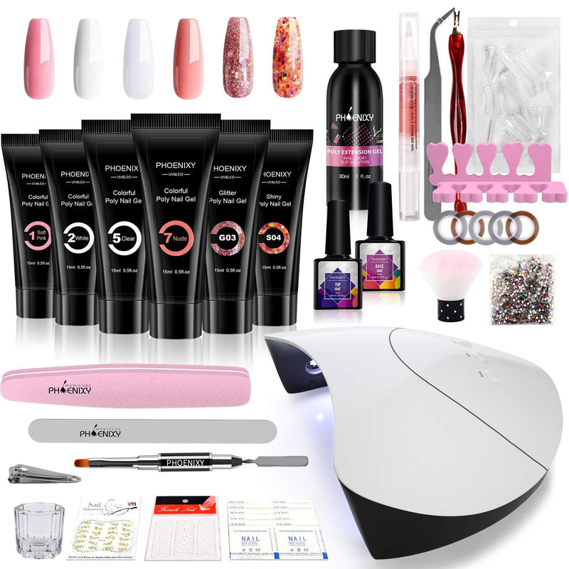 Poly Nail Gel Kit, Phoenixy 6 Colors Poly Nail Extension Gel Kit with 36W LED U V Nail Lamp Basic Nail Art Tools All In One Manicure Starter Kit Gift - BeesActive Australia