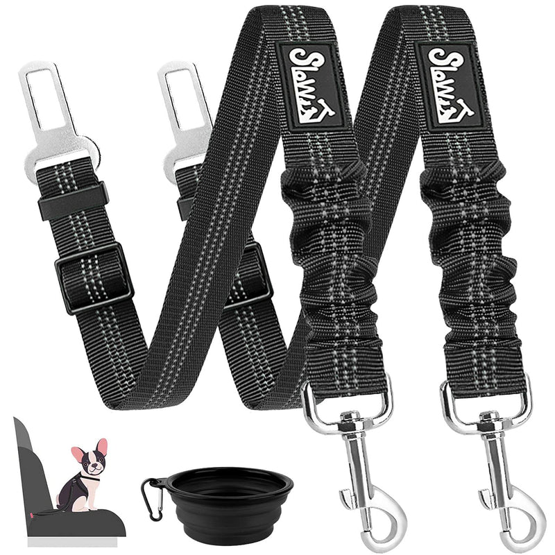 SlowTon Dog Car Seat Belt, Pet Safety Seatbelt Strap Adjustable Retractable Elastic Reflective for Vehicle Heavy Duty Tether for Dogs Cats with Collapsible Dog Bowl Portable Travel Set Black 2 Pack - BeesActive Australia
