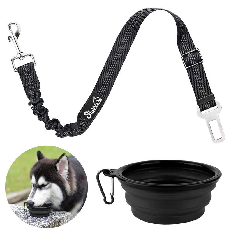 SlowTon Dog Car Seat Belt, Pet Safety Seatbelt Strap Adjustable Retractable Elastic Reflective for Vehicle Heavy Duty Tether for Dogs Cats with Collapsible Dog Bowl Portable Travel Set Black 1 Pack - BeesActive Australia