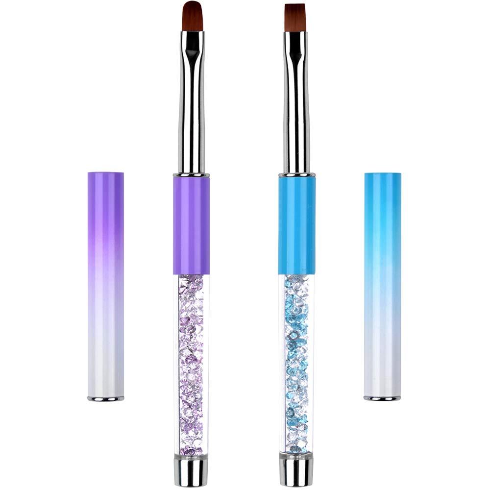 Ycyan 2Pcs Oval & Flat UV Gel Nail Brush Set Rhinestone Handle Professional Nail Art Design Brushes Multi-colored - BeesActive Australia