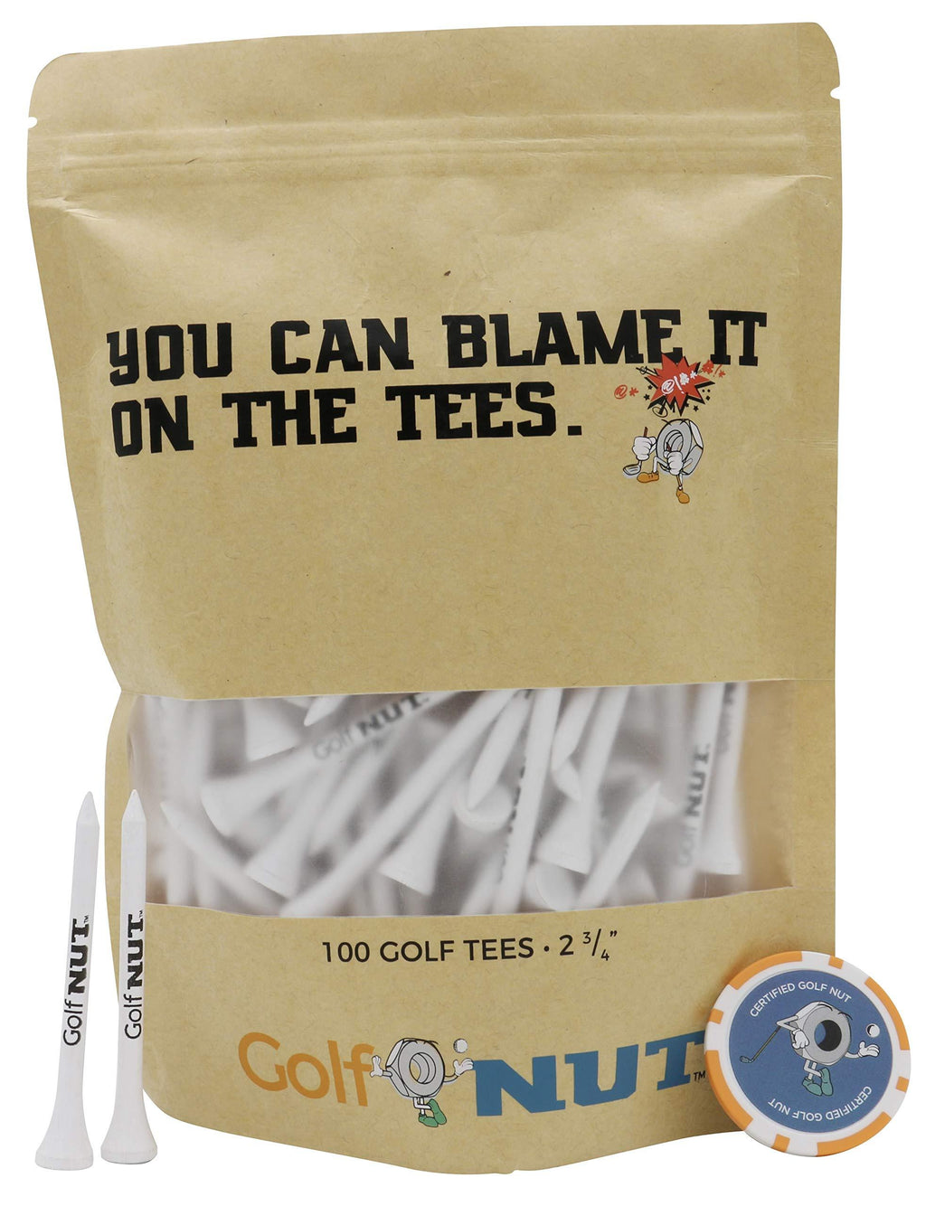 Golf Nut 'Blame it On The Tees' Tee Pack | 100 2-3/4 Inch Tees with Bonus Poker Chip Ball Marker - BeesActive Australia