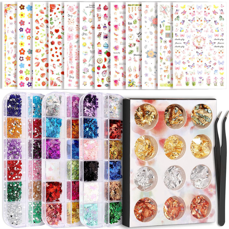 Teenitor Nail Art Decoration Set with 12 Sheets Nail Art Stickers, Nail Foil Flakes, Nail Sequins, Nail Rhinestones, Nail Tweezers, 3D Self-Adhesive Nail Stickers for Kids - BeesActive Australia