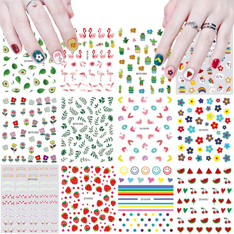 Nail Art Stickers, 12 Sheets Self-Adhesive DIY Nail Art Decals Cute Nail Decoration Nails Art Design Manicure Tips Accessories Flower Fruit Plant Flamingo Cactus Heart Smiling Face for Girl Gift - BeesActive Australia