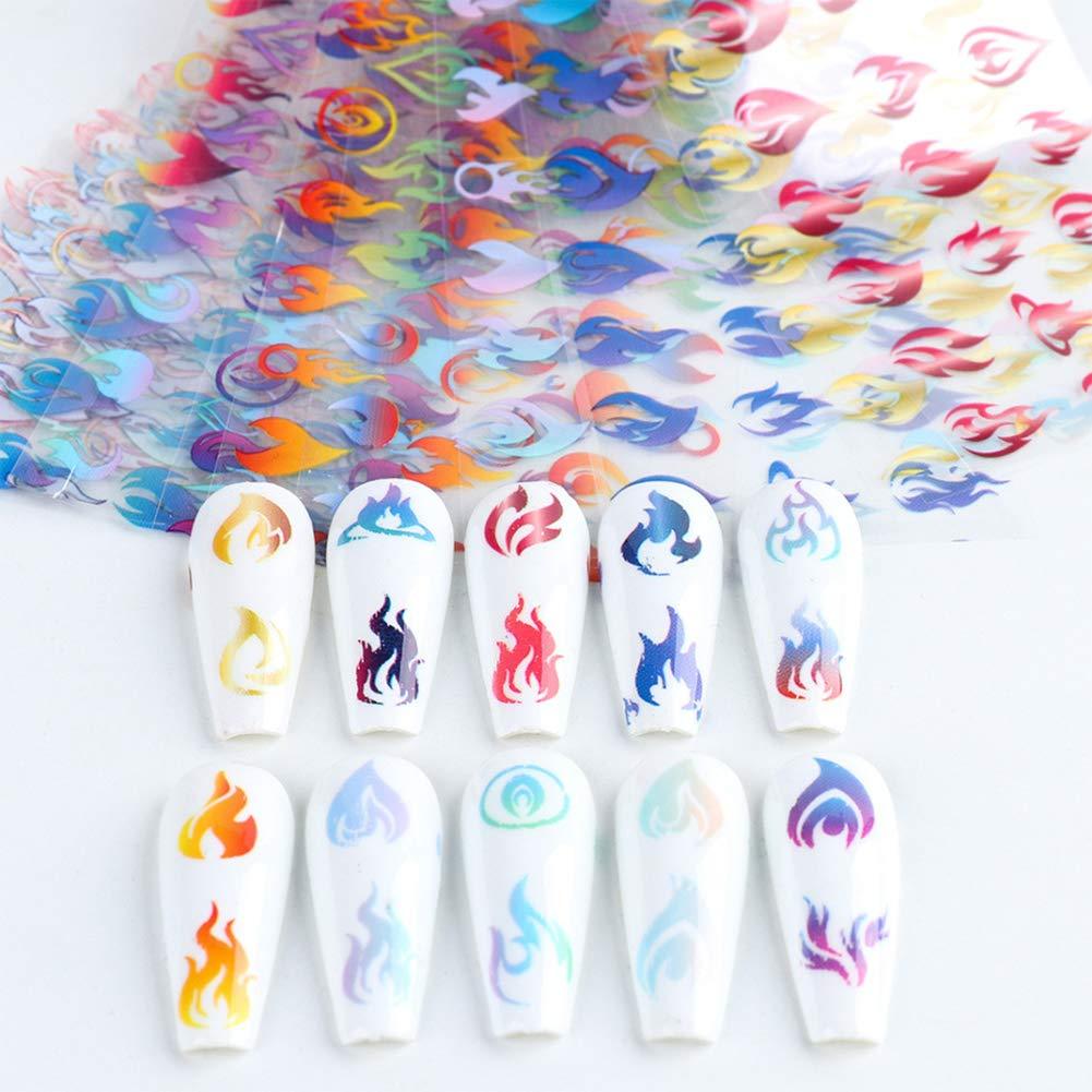 Flame Nail Art Foil Transfer Stickers Decals Holographic 10 Pcs Starry Sky Fire Flame Nail 3D Vinyls Foil Transfer Adhesive Sticker for Women Manicure DIY Decoration - BeesActive Australia