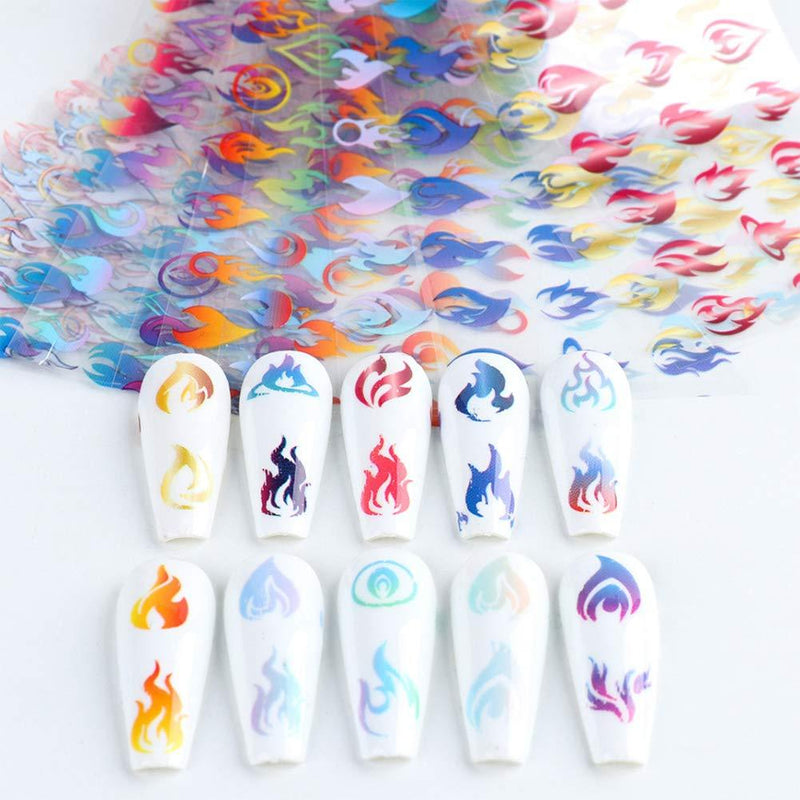 Flame Nail Art Foil Transfer Stickers Decals Holographic 10 Pcs Starry Sky Fire Flame Nail 3D Vinyls Foil Transfer Adhesive Sticker for Women Manicure DIY Decoration - BeesActive Australia