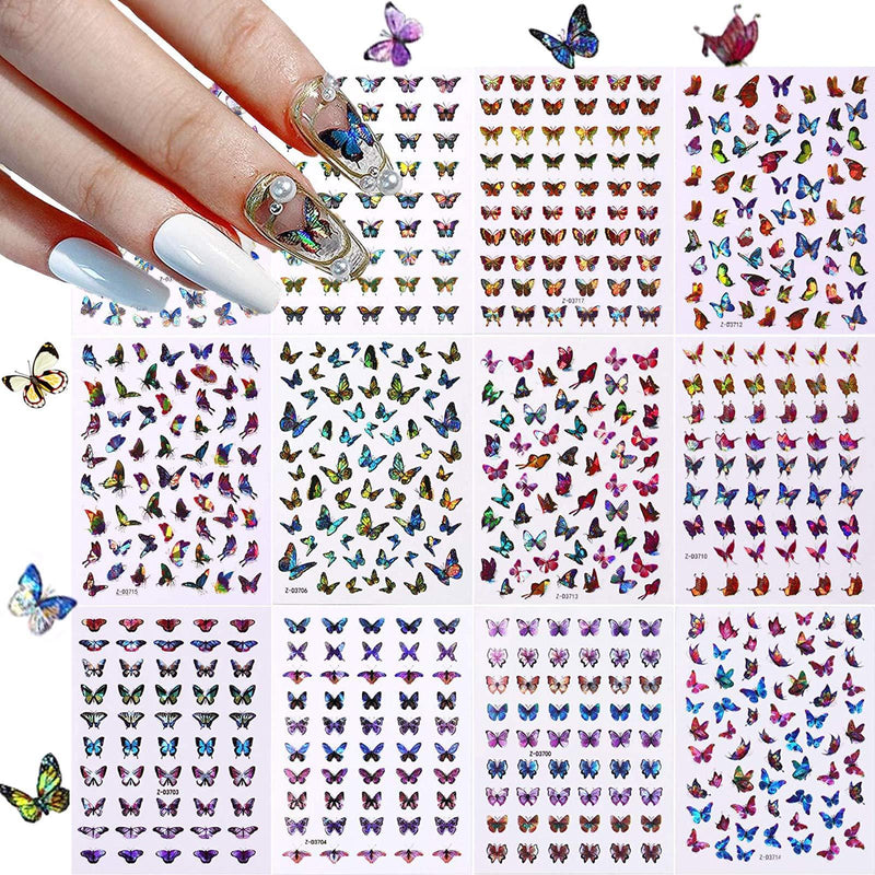 Butterfly Nail Art Stickers, Self-Adhesive Acrylic Nail Art Decals, DIY Laser Bronzing Nail Art Stickers Foil Paper Printing For Acrylic Nails Art Design Decor Manicure Tips Accessories (12 Sheets) - BeesActive Australia