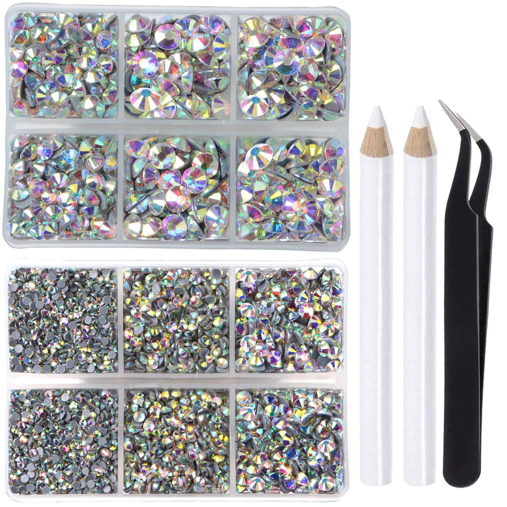 LPBeads 6400 Pieces Hotfix Rhinestones Clear AB Flat Back 5 Mixed Sizes Crystal Round Glass Gems with Tweezers and Picking Rhinestones Pen Mix SS6-SS30 - BeesActive Australia