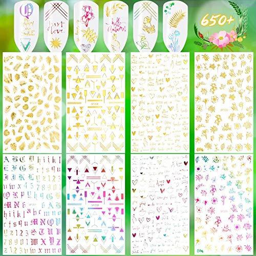 Konsait 3D Nail Art Stickers, 650 Pieces Valentine Laser Bronzing Nail Decals Self-Adhesive Nail Stickers, Metallic Chains Line Geometry Triangle Golden Banana Leaves Red Hearts Manicure Decoration - BeesActive Australia