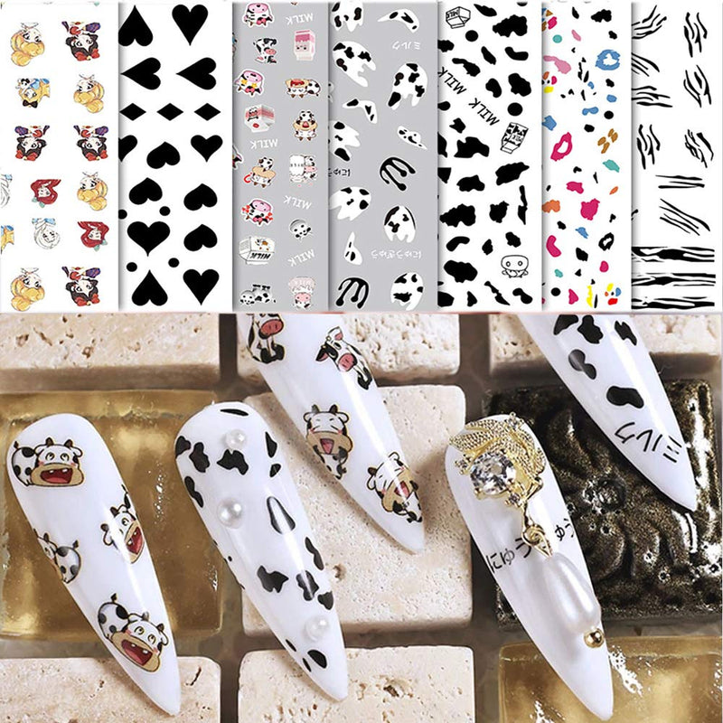 Cow Pattern Nail Art Stickers Self Adhesive Nail Decals 7Sheets Ins Style Cow Pattern Nail Stickers Nail Art Accessories for Women Girls DIY Nail Art Decorations Supplies Manicure Tips Decor Kits - BeesActive Australia