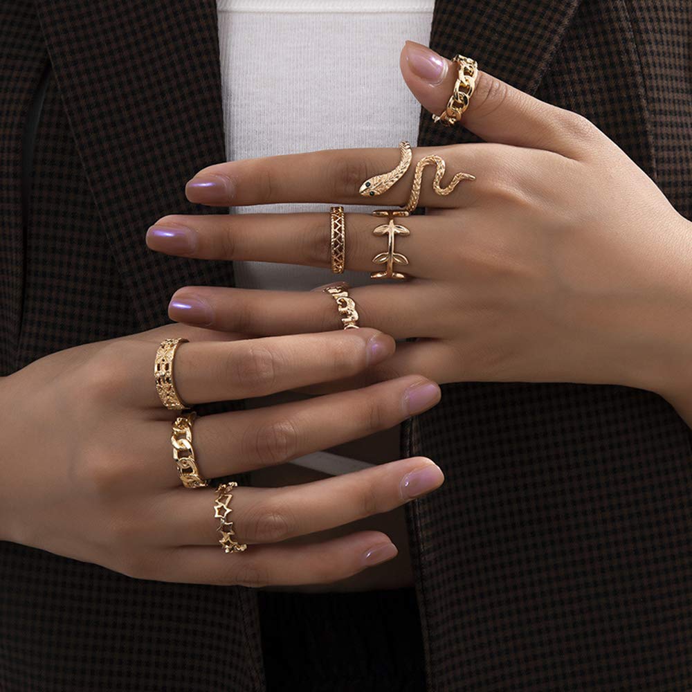 fxmimior Boho Dainty Gold Ring Set Finger Leaf Rings Sets Vintage Snake Knuckle Rings for Women and Girls 8 pcs - BeesActive Australia